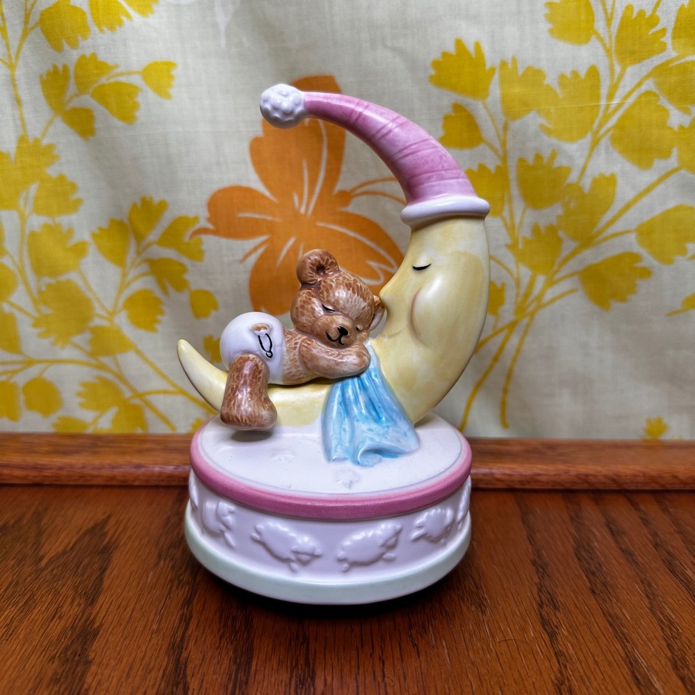 Vintage Otagiri Bear on Moon Music Box Rock-a-bye Baby Fraser Collection Ceramic